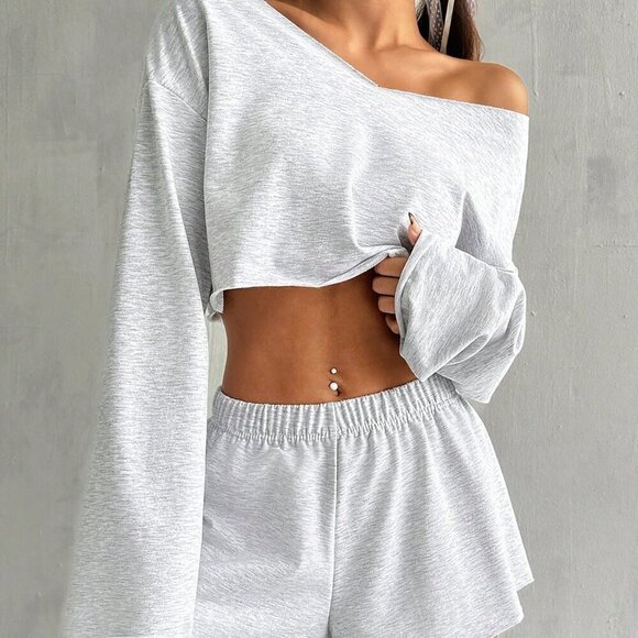 Grey Casual Women's Summer Solid Color Crop Top And Shorts Set - Picture 2 of 6